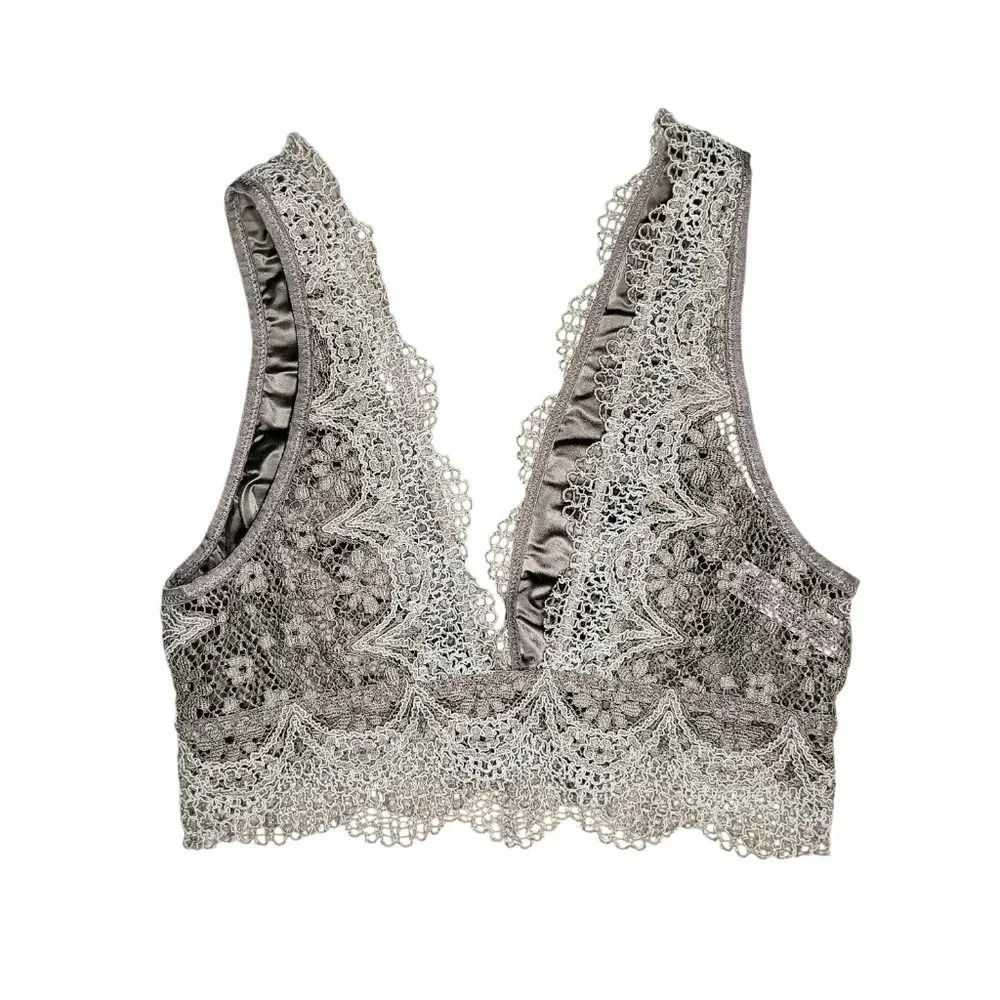 Victoria's Secret Beige Floral Lace Deep V-Plunge Lined Wireless Bralette, S - Picture 2 of 10